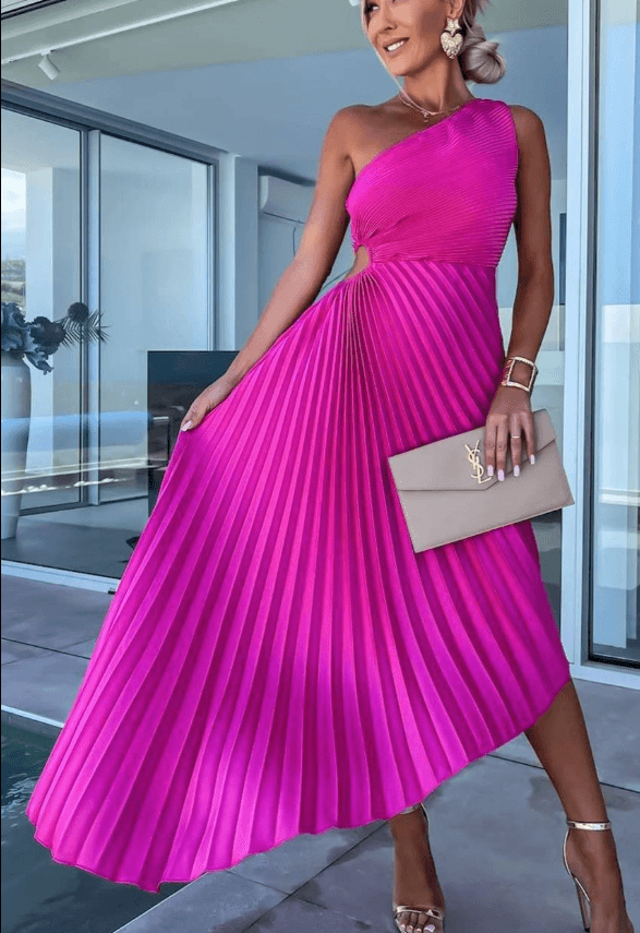 Women’s Elegant One Shoulder Maxi Dress with Pleated Skirt 3