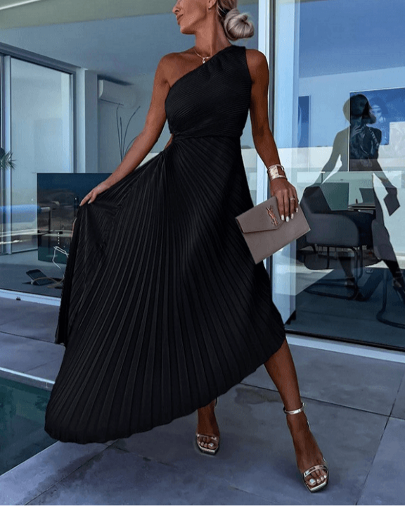 Women’s Elegant One Shoulder Maxi Dress with Pleated Skirt 4
