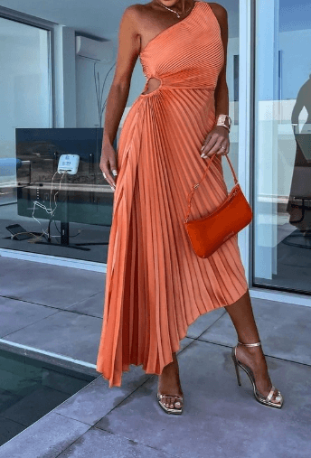 Women’s Elegant One Shoulder Maxi Dress with Pleated Skirt 5