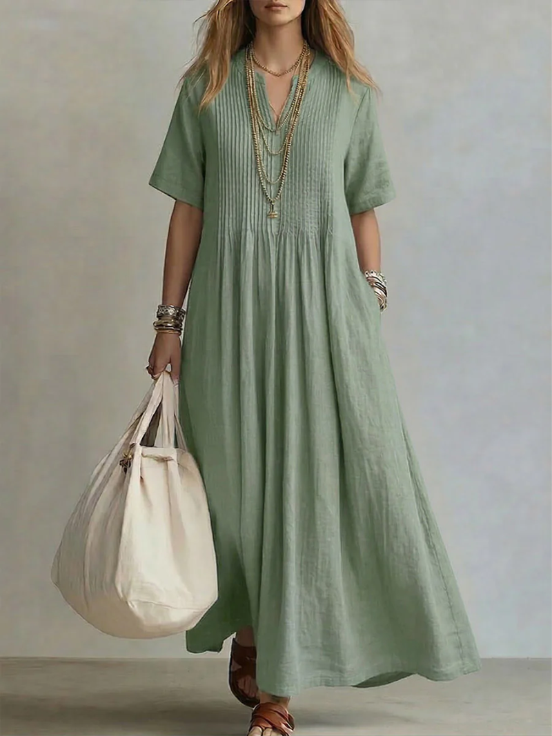 Women’s Elegant Pleated Maxi Dress Lightweight Linen for Summer 1