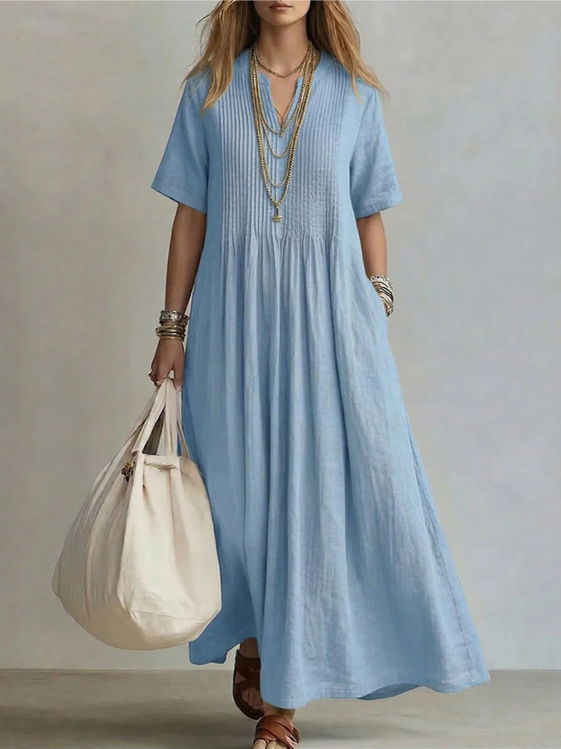 Women’s Elegant Pleated Maxi Dress Lightweight Linen for Summer 2