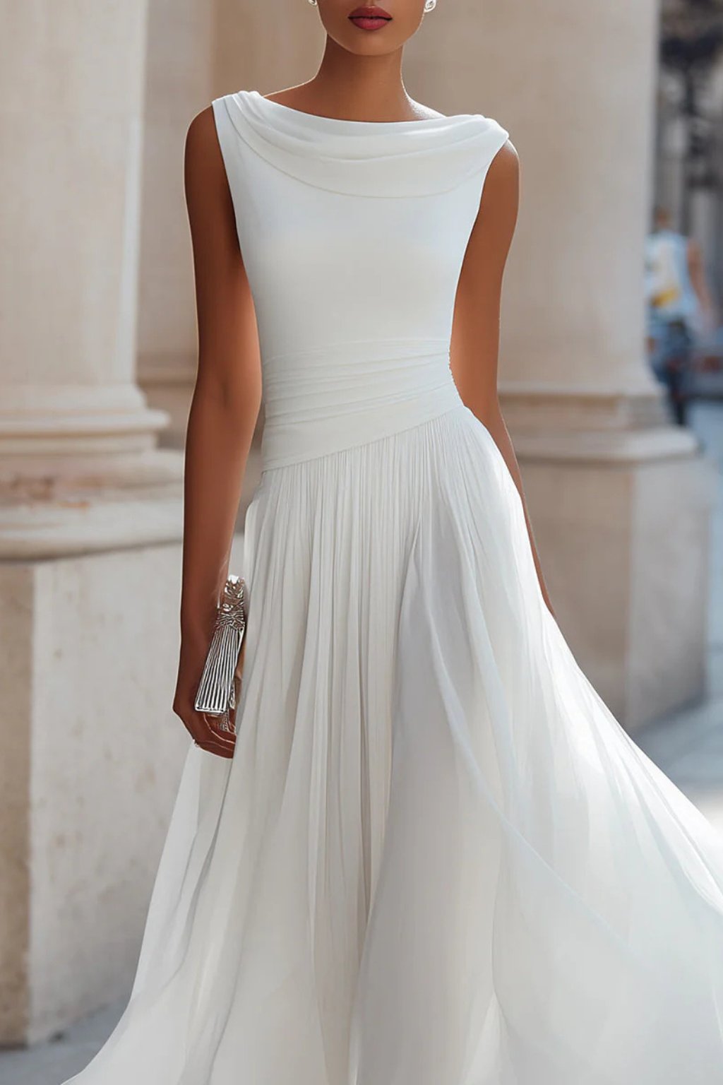 Women’s Elegant Pleated Midi Dress with Cowl Neck Design 1