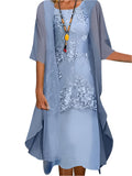 Women’s Elegant Sheer Sleeve Midi Dress with Lace Detailing 0