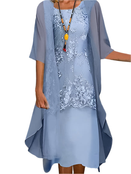 Women’s Elegant Sheer Sleeve Midi Dress with Lace Detailing 0