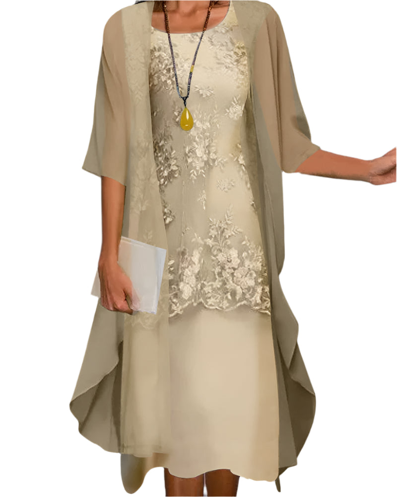 Women’s Elegant Sheer Sleeve Midi Dress with Lace Detailing 1