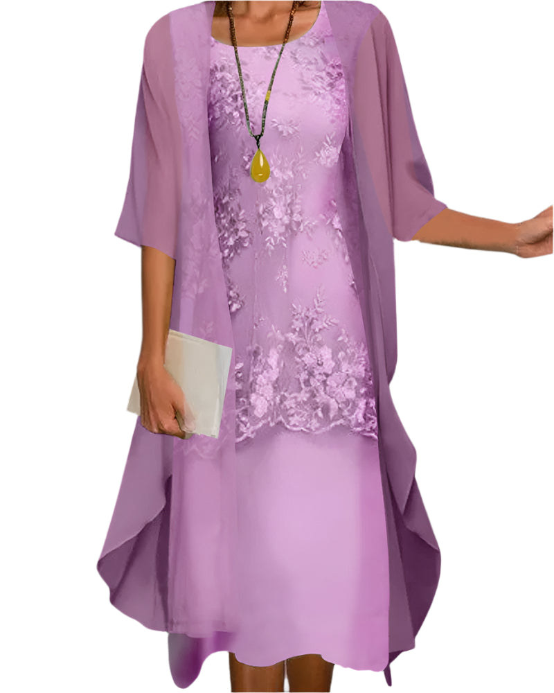 Women’s Elegant Sheer Sleeve Midi Dress with Lace Detailing 2