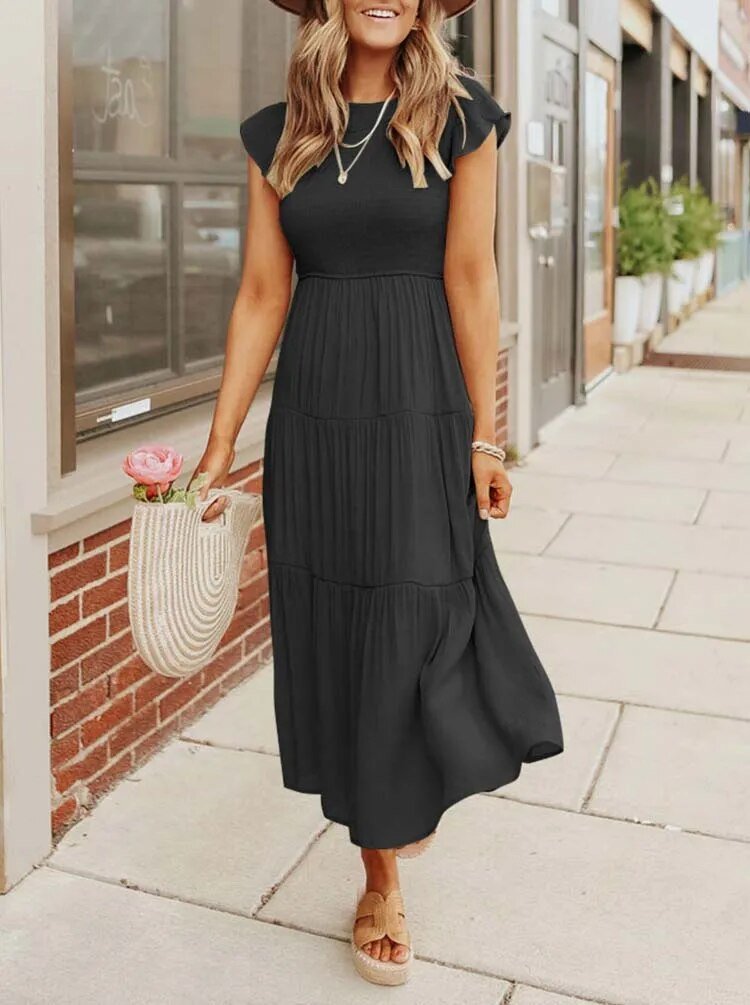 Women’s Elegant Tiered Maxi Dress with Cap Sleeves for Effortless Style 1