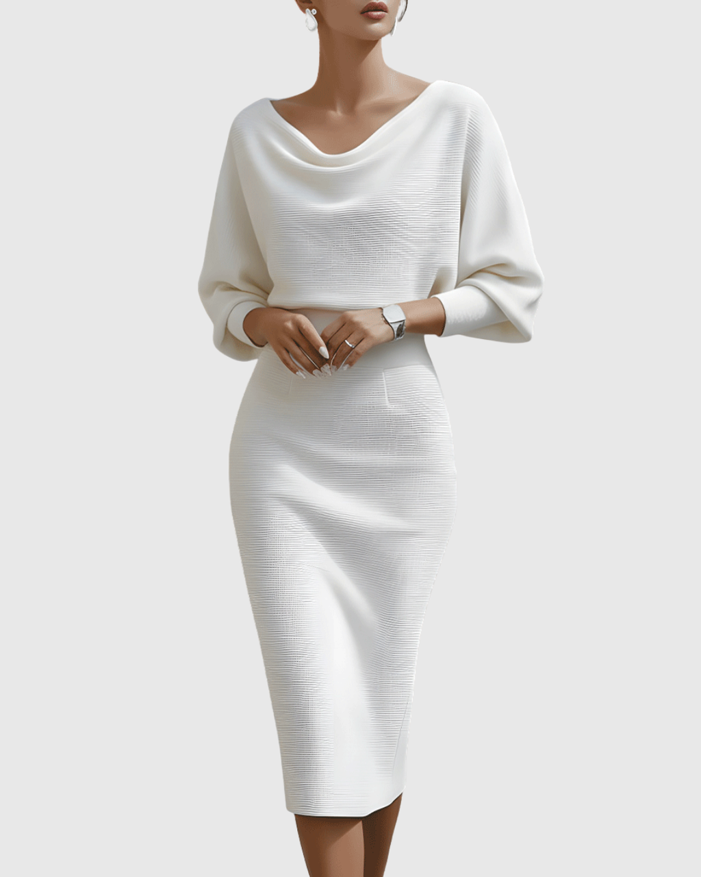 Women’s Elegant White Midi Dress with Draped Design 6