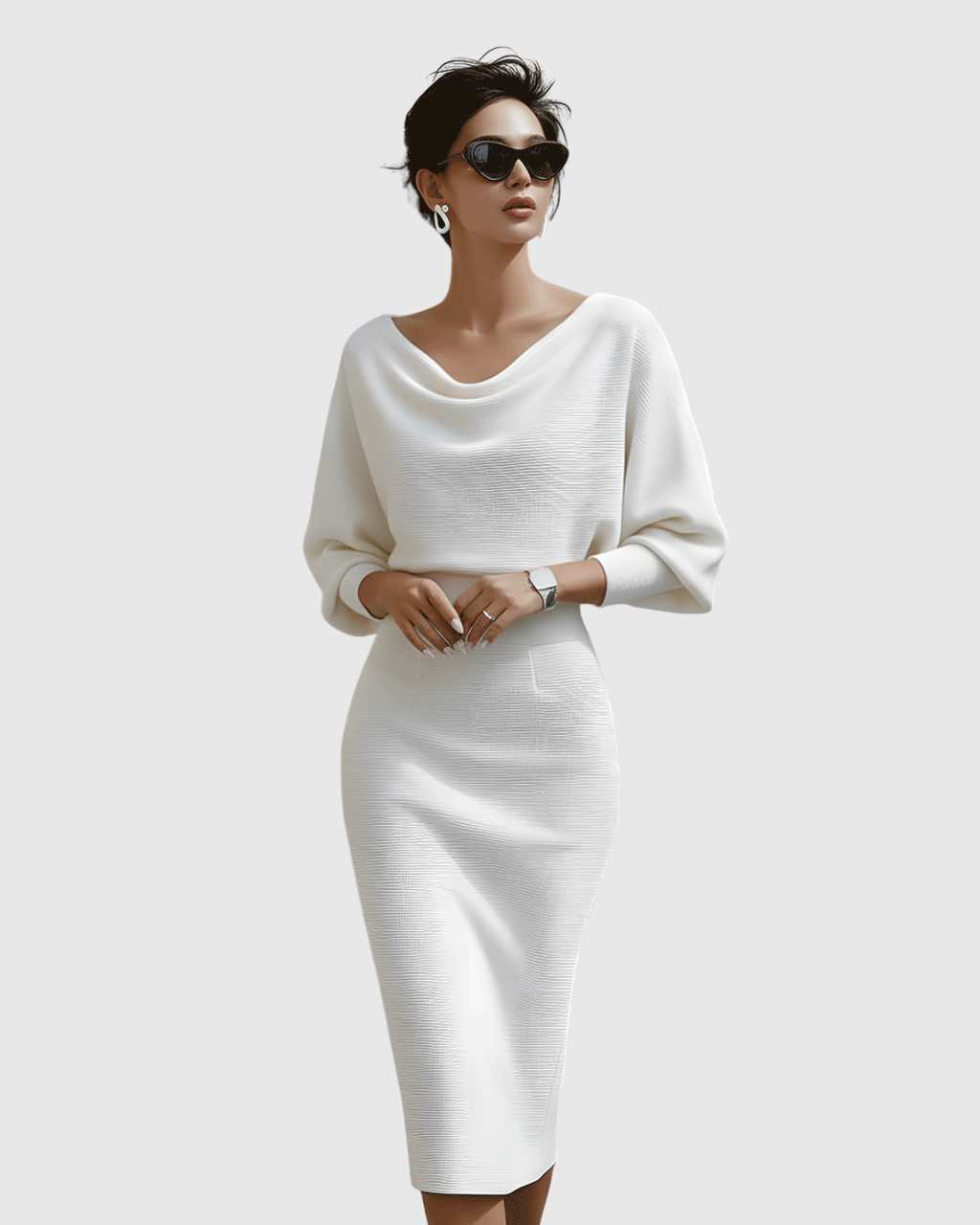 Women’s Elegant White Midi Dress with Draped Design 7