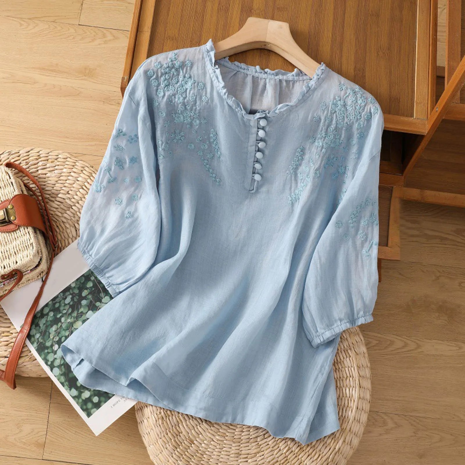 Women’s Embroidered Blouse Relaxed Fit with 3/4 Sleeves 1