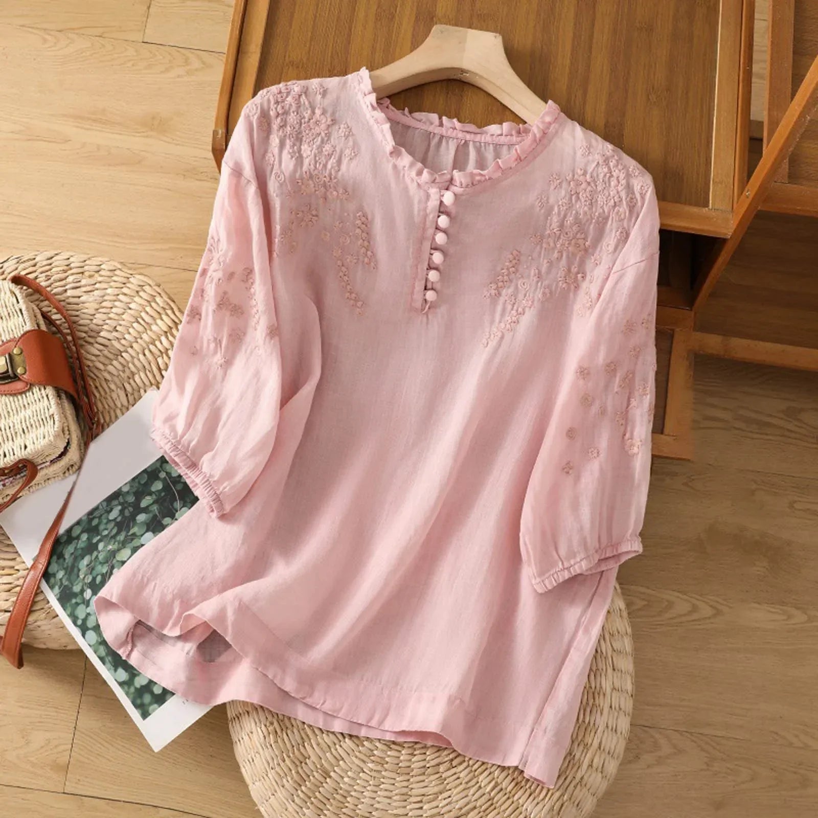 Women’s Embroidered Blouse Relaxed Fit with 3/4 Sleeves 2
