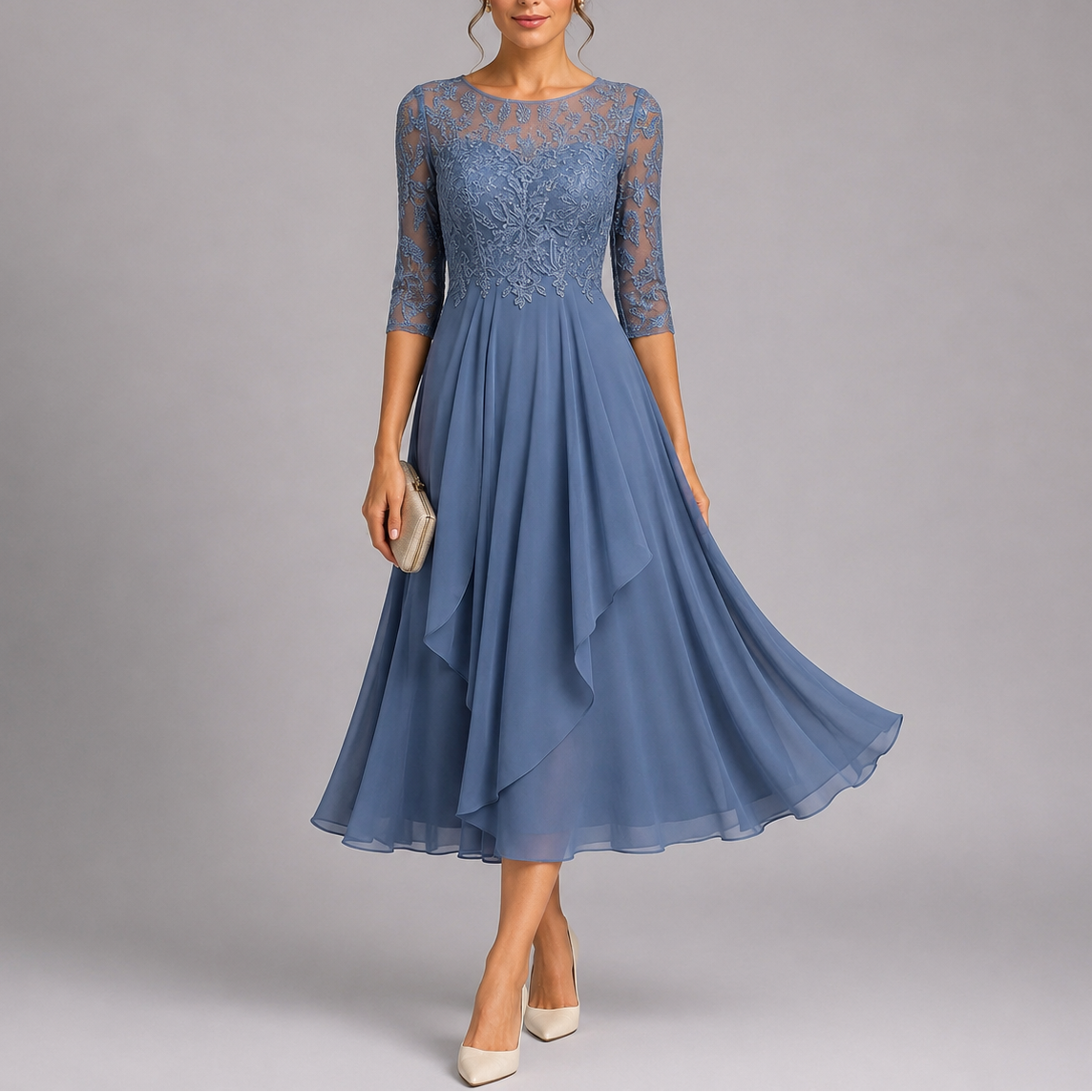 Women’s Embroidered Lace Midi Dress Elegant Wedding Guest Style 0
