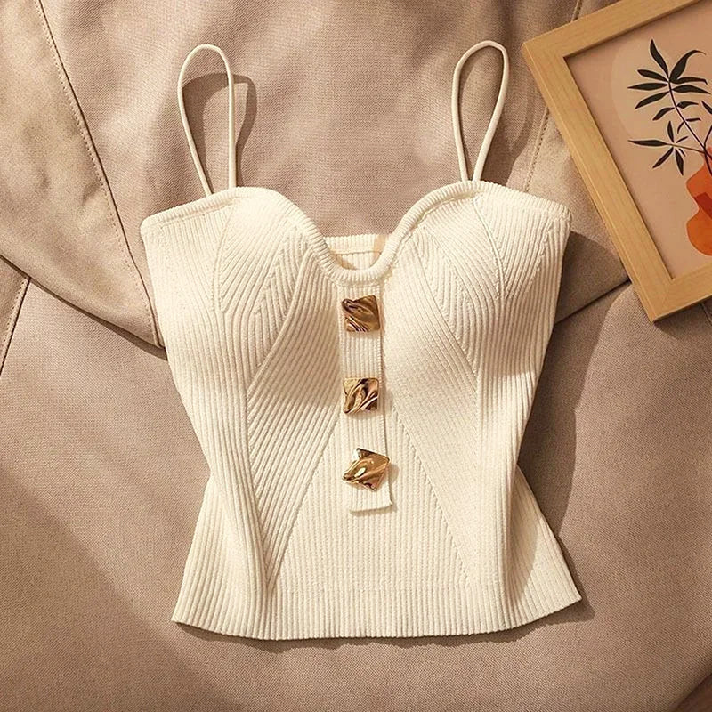 Women’s Fitted Knit Crop Top with Thin Straps for Going Out 0