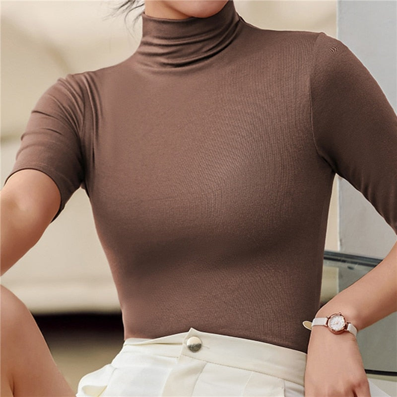 Women’s Fitted Turtleneck Top Stylish Elbow Sleeve Design 3