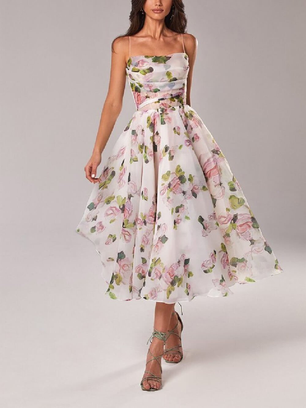 Women’s Floral A-Line Midi Dress Elegant Spaghetti Strap Design 0