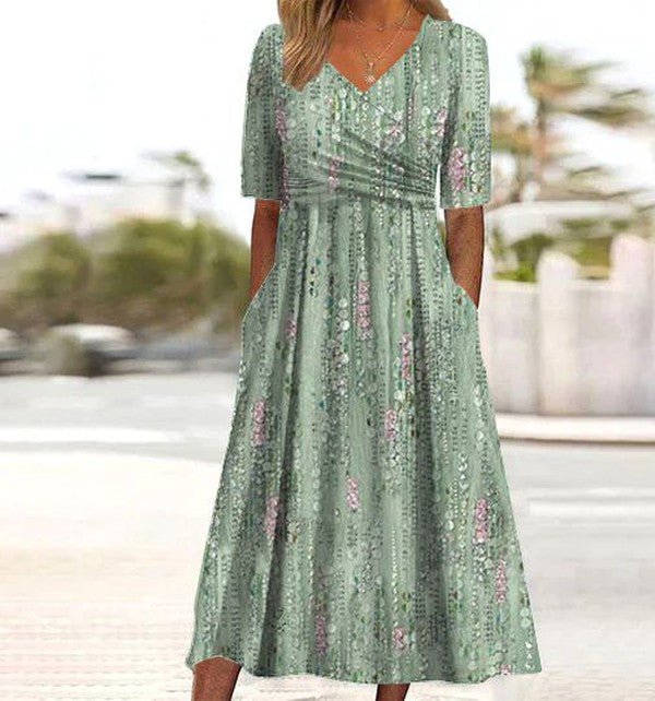 Women’s Floral A-Line Midi Dress V-Neck Short Sleeve 0