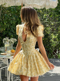 Women’s Floral A-Line Mini Dress with Puff Sleeves 0