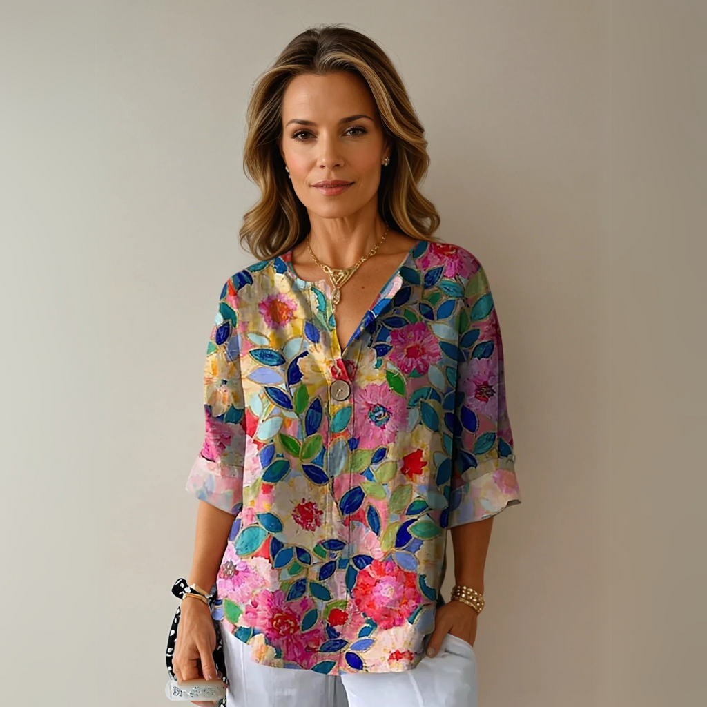Women’s Floral Blouse 3/4 Sleeve Button-Down Style 0
