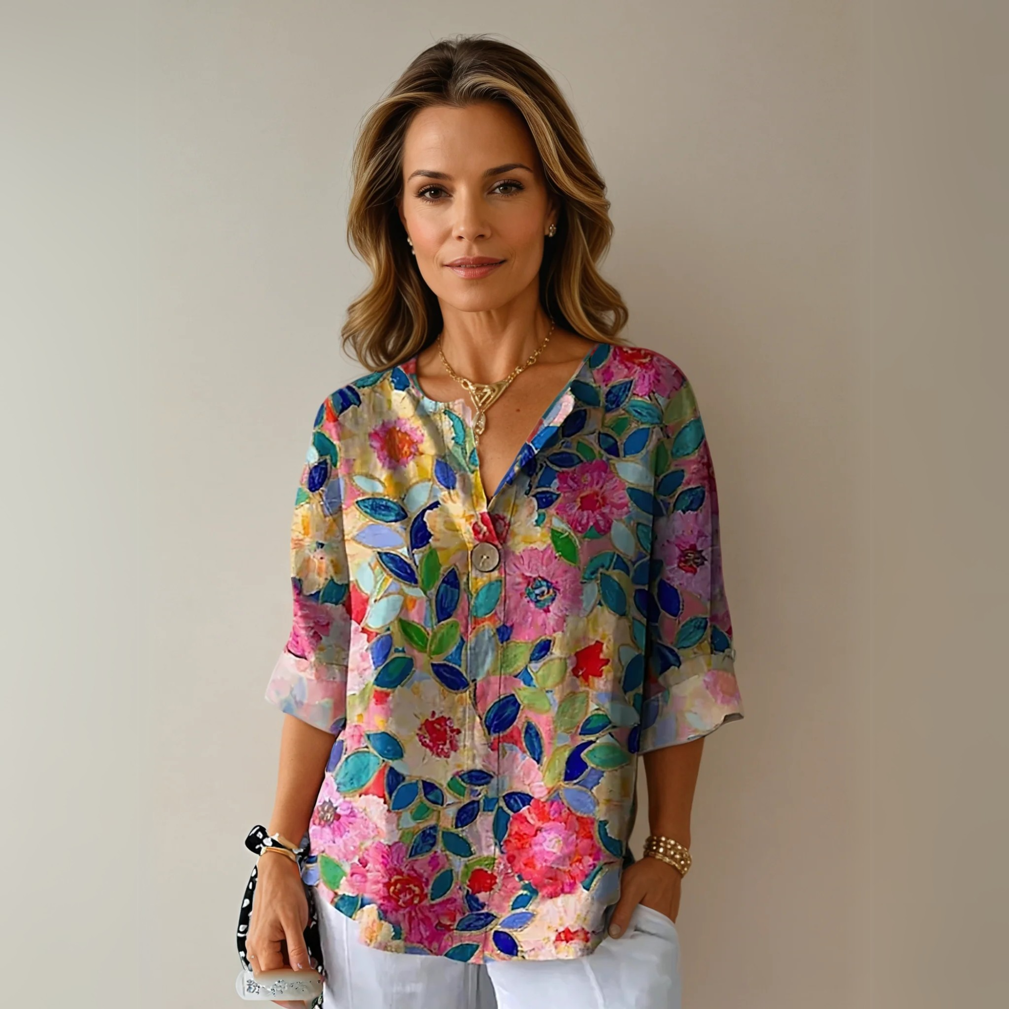 Women’s Floral Blouse 3/4 Sleeve Button-Down Style 0