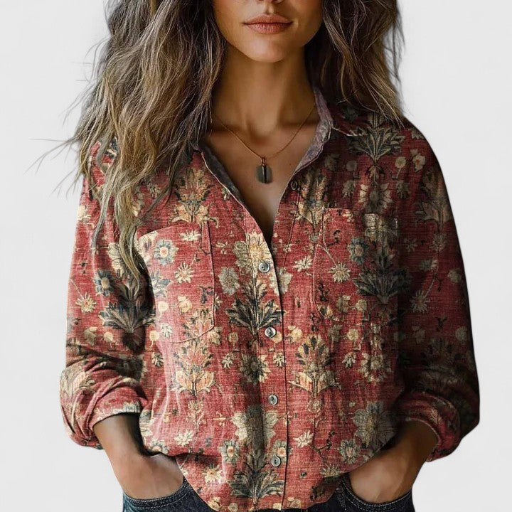 Women’s Floral Blouse Elegant Lapel Collar Design 0