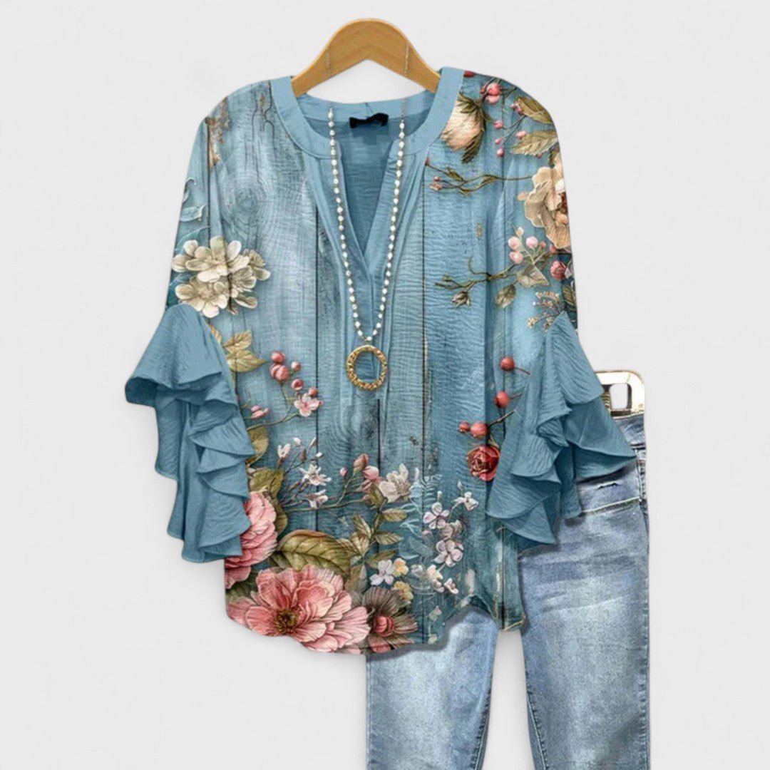 Women’s Floral Blouse Ruffle Sleeves V-Neck Style 0