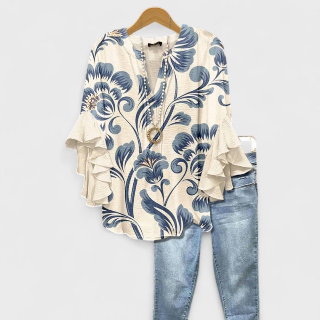 Women’s Floral Blouse Ruffle Sleeves V-Neck Style 1