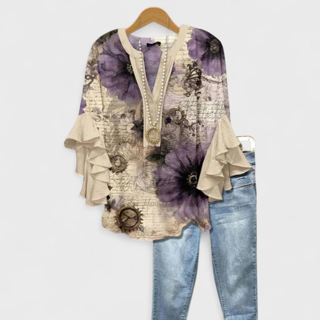 Women’s Floral Blouse Ruffle Sleeves V-Neck Style 6