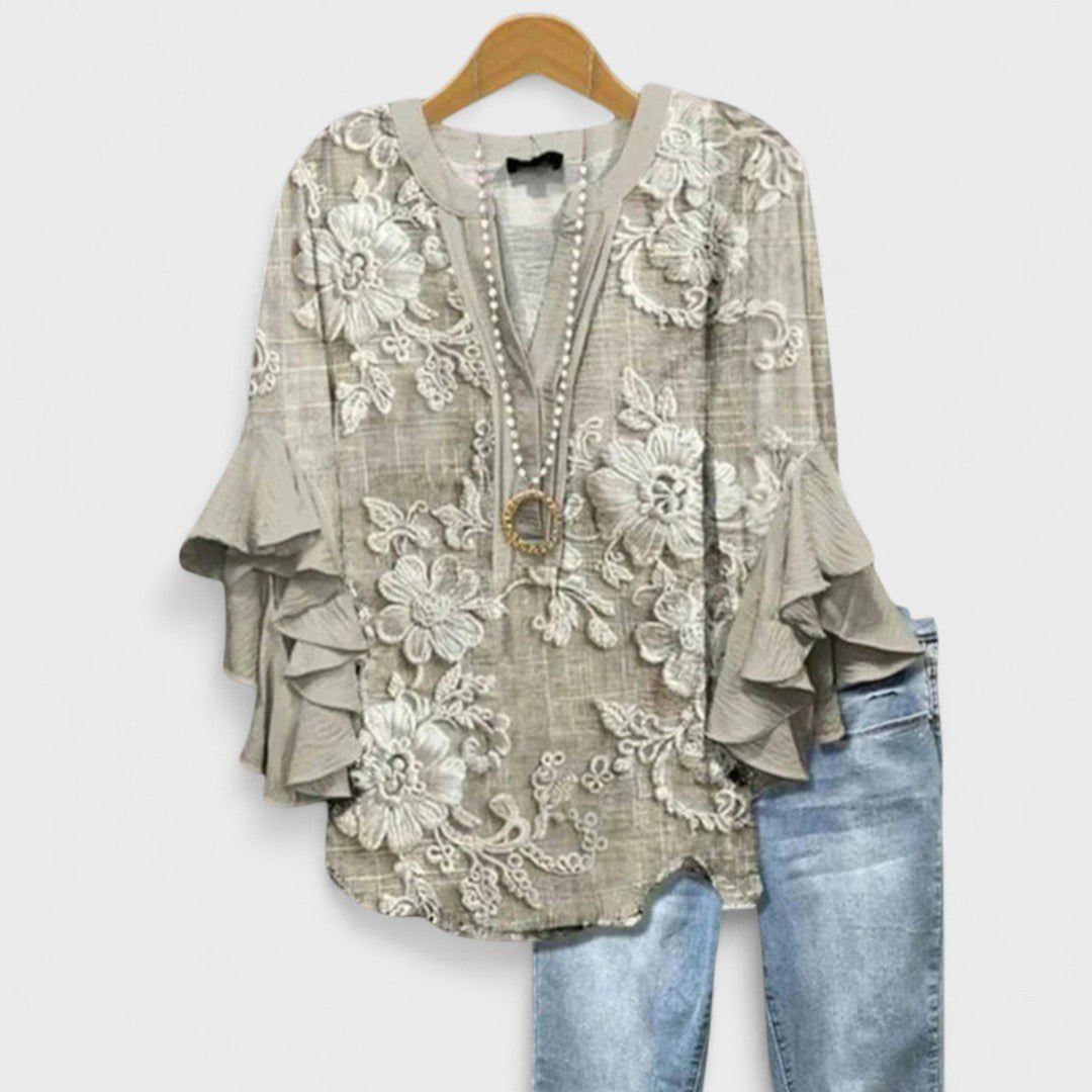 Women’s Floral Blouse Ruffle Sleeves V-Neck Style 7