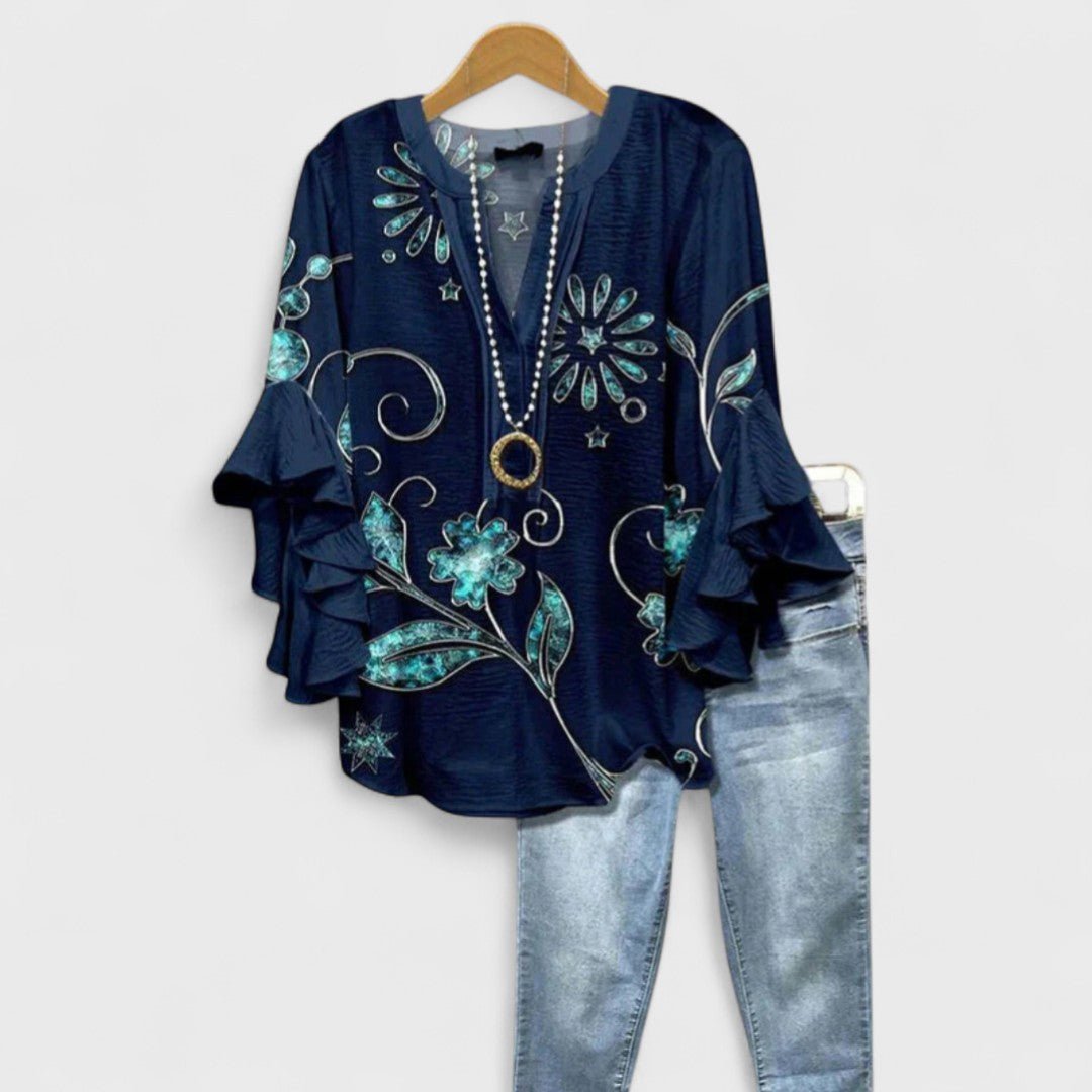 Women’s Floral Blouse Ruffle Sleeves V-Neck Style 9