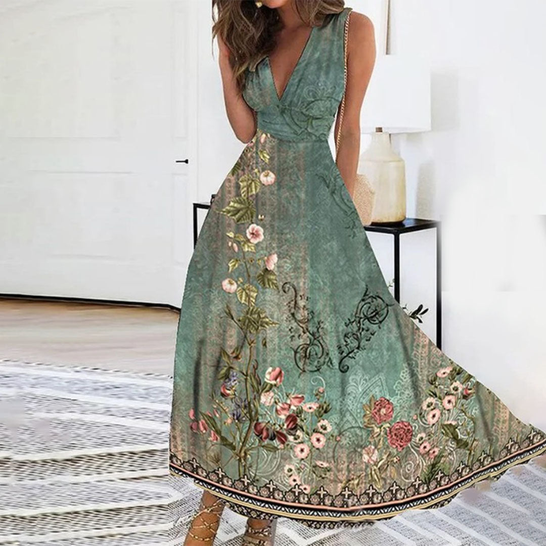 Women’s Floral Maxi Dress Elegant Sleeveless V-Neck Summer Style 1