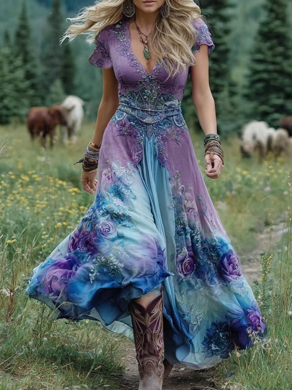 Women’s Floral Maxi Dress Elegant V-Neck Short Sleeve 0