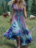Women’s Floral Maxi Dress Elegant V-Neck Short Sleeve 0