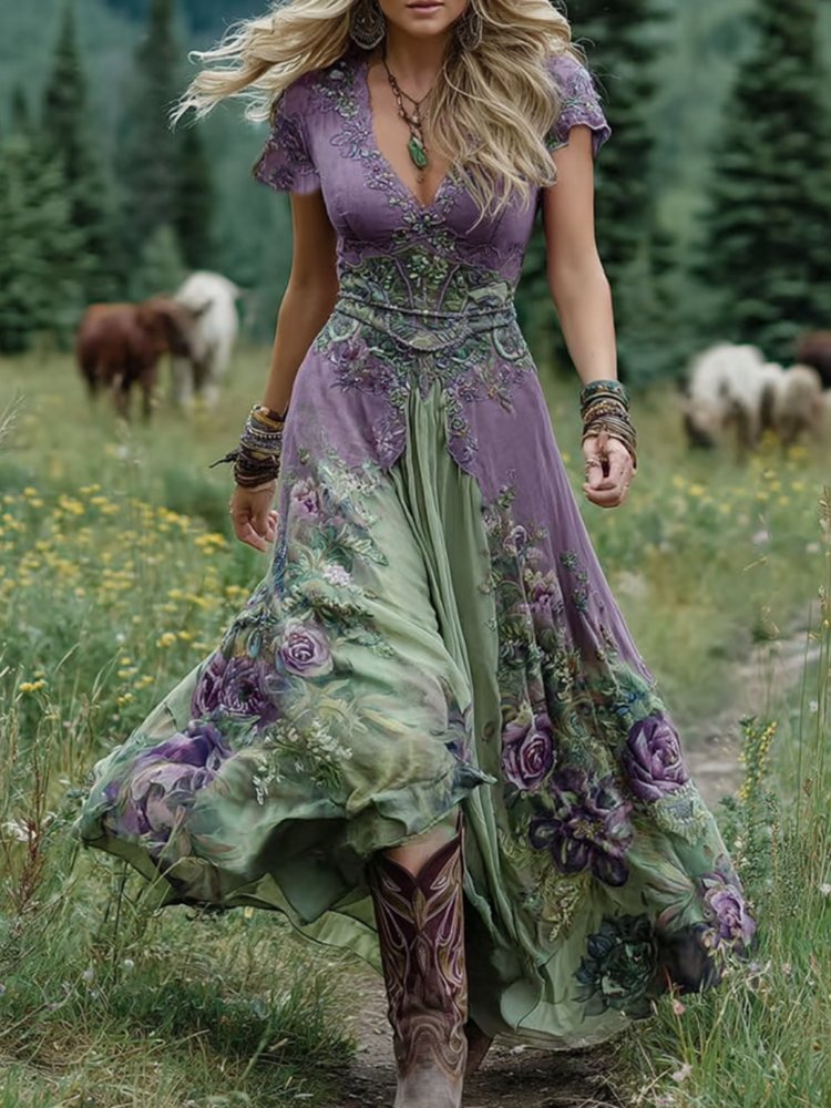 Women’s Floral Maxi Dress Elegant V-Neck Short Sleeve 1