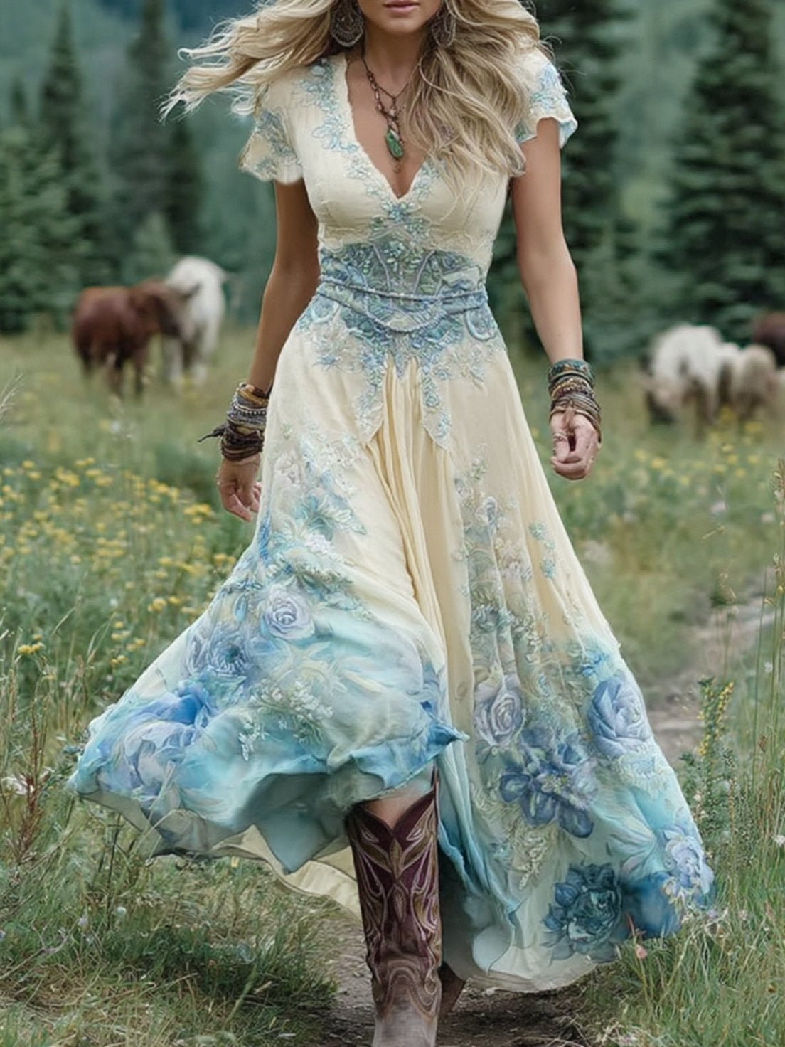 Women’s Floral Maxi Dress Elegant V-Neck Short Sleeve 2