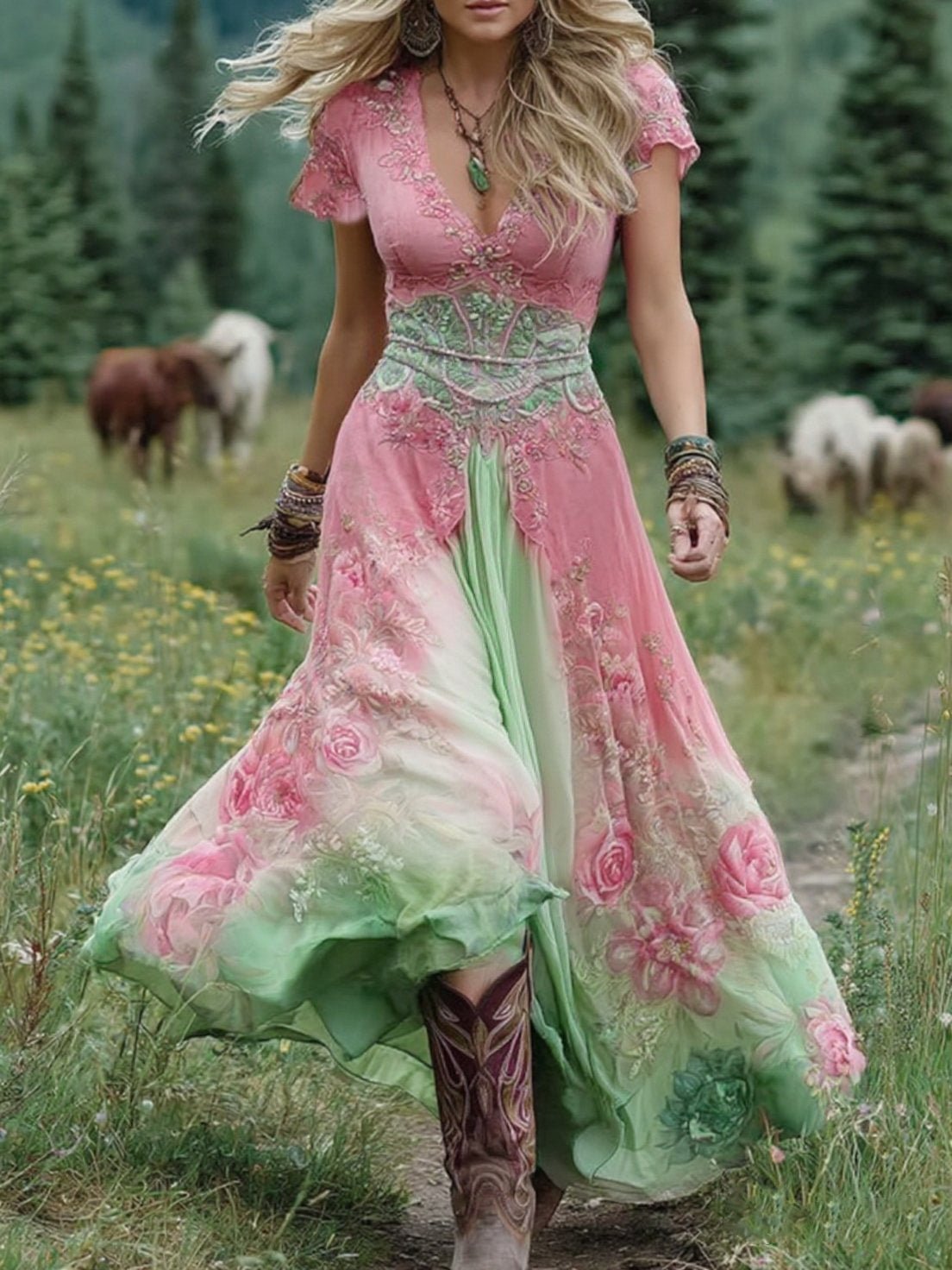 Women’s Floral Maxi Dress Elegant V-Neck Short Sleeve 4