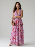 Women’s Floral Maxi Dress Halter Neck with Ruched Bodice 0