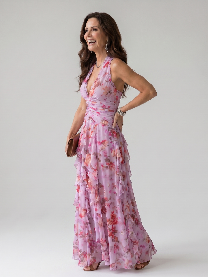 Women’s Floral Maxi Dress Halter Neck with Ruched Bodice 1