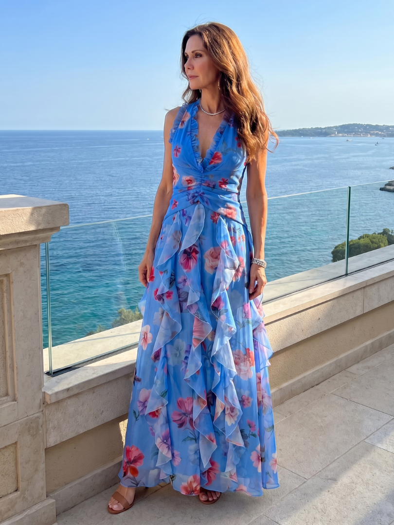 Women’s Floral Maxi Dress Halter Neck with Ruched Bodice 7