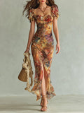 Women’s Floral Maxi Dress Ruffle Sweetheart Chiffon Summer Style 0