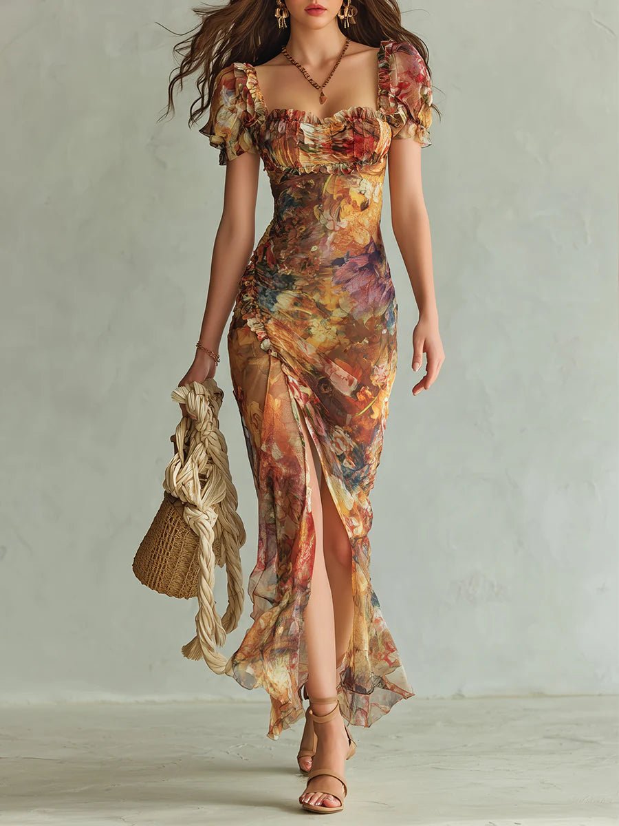 Women’s Floral Maxi Dress Ruffle Sweetheart Chiffon Summer Style 0