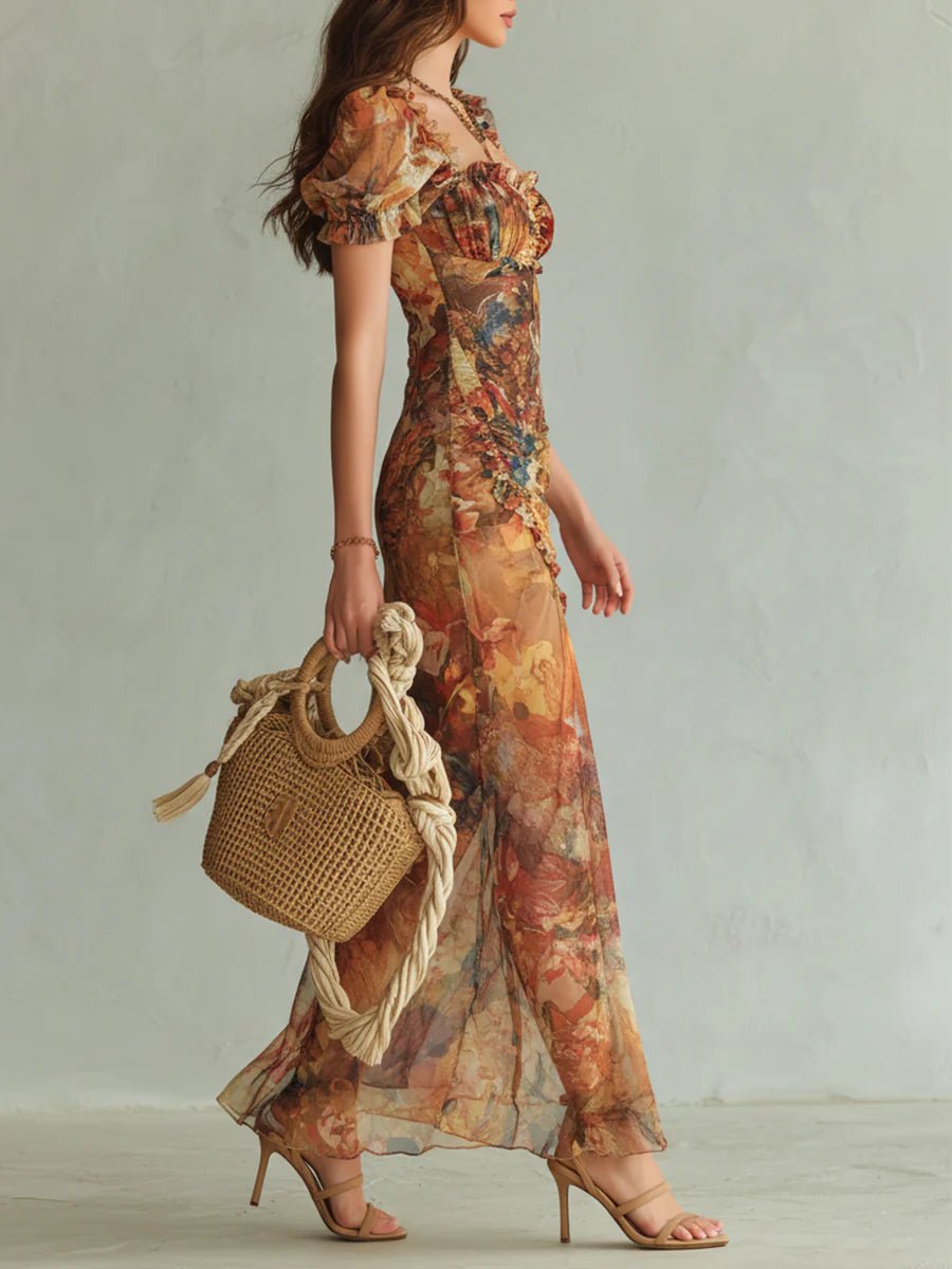 Women’s Floral Maxi Dress Ruffle Sweetheart Chiffon Summer Style 2
