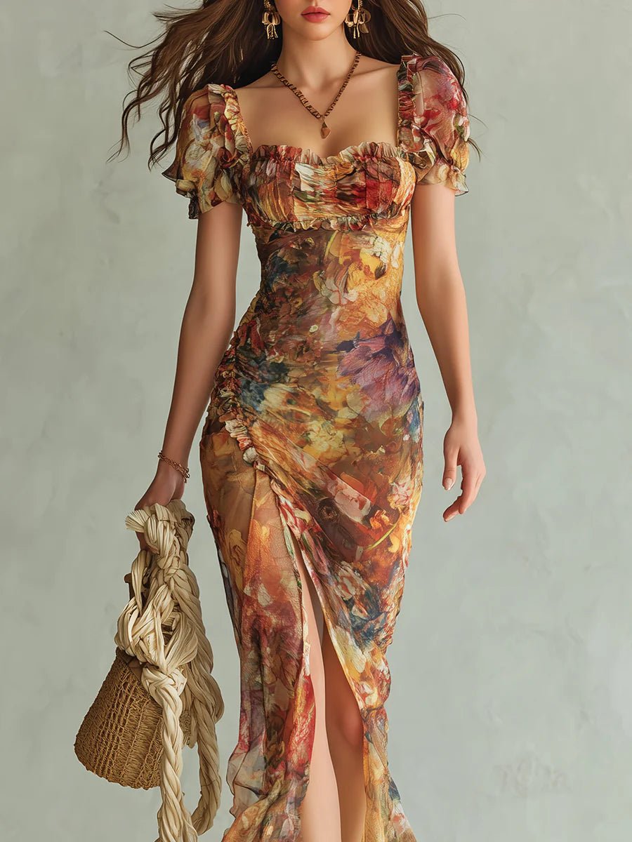 Women’s Floral Maxi Dress Ruffle Sweetheart Chiffon Summer Style 3