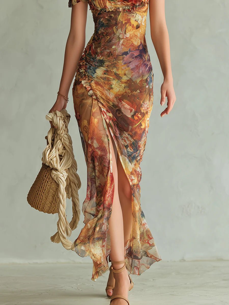 Women’s Floral Maxi Dress Ruffle Sweetheart Chiffon Summer Style 4