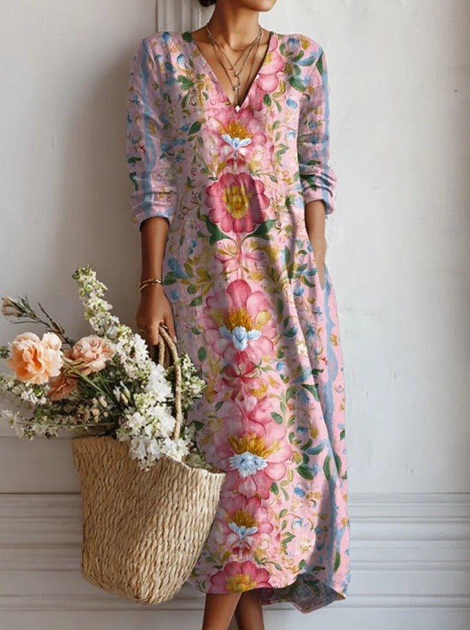 Women’s Floral Maxi Dress V-Neck Long Sleeve Comfortable Style 0
