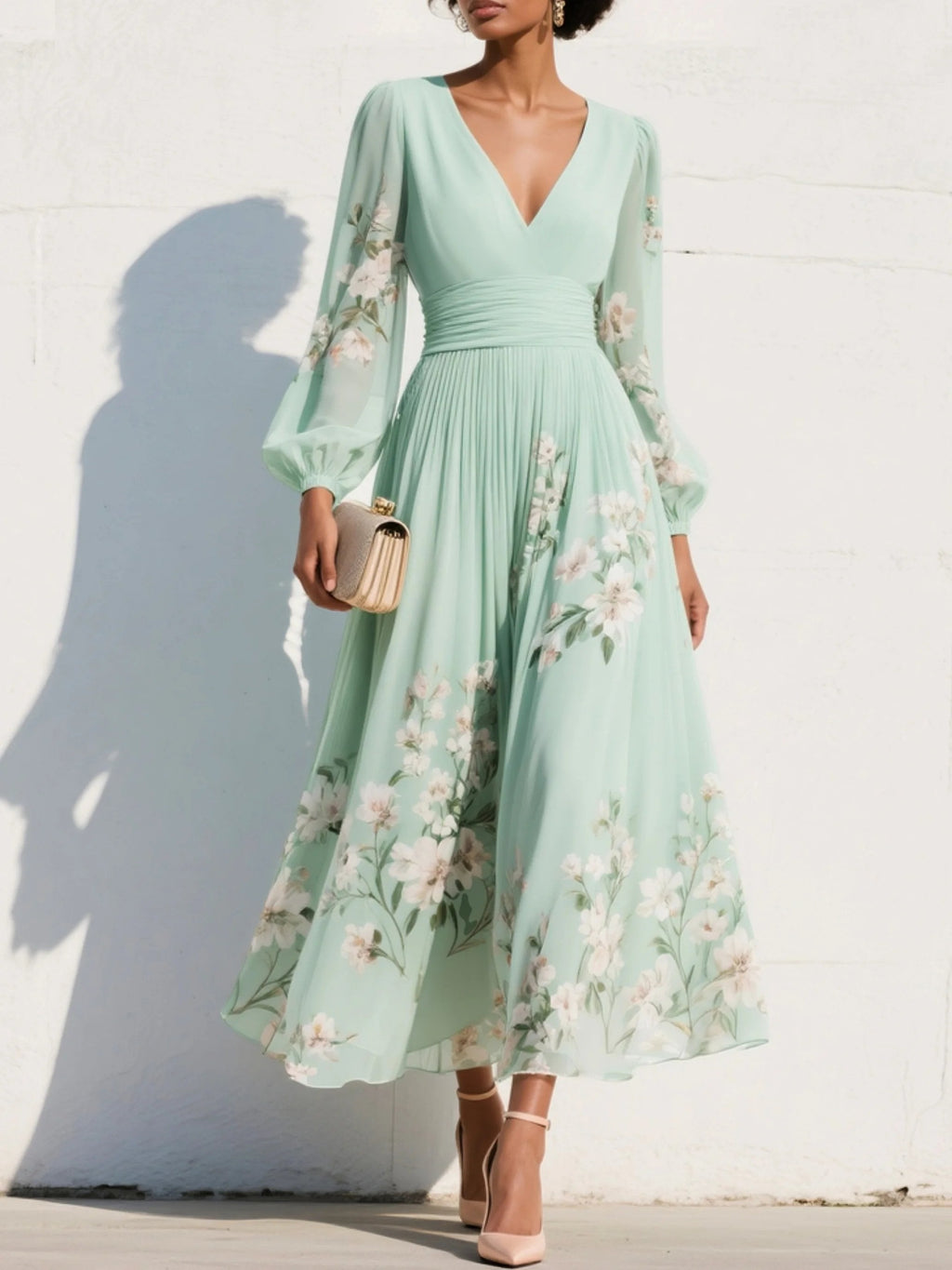 Women’s Floral Midi Dress Elegant V-Neck with Balloon Sleeves 0
