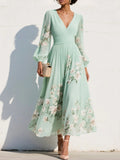 Women’s Floral Midi Dress Elegant V-Neck with Balloon Sleeves 0