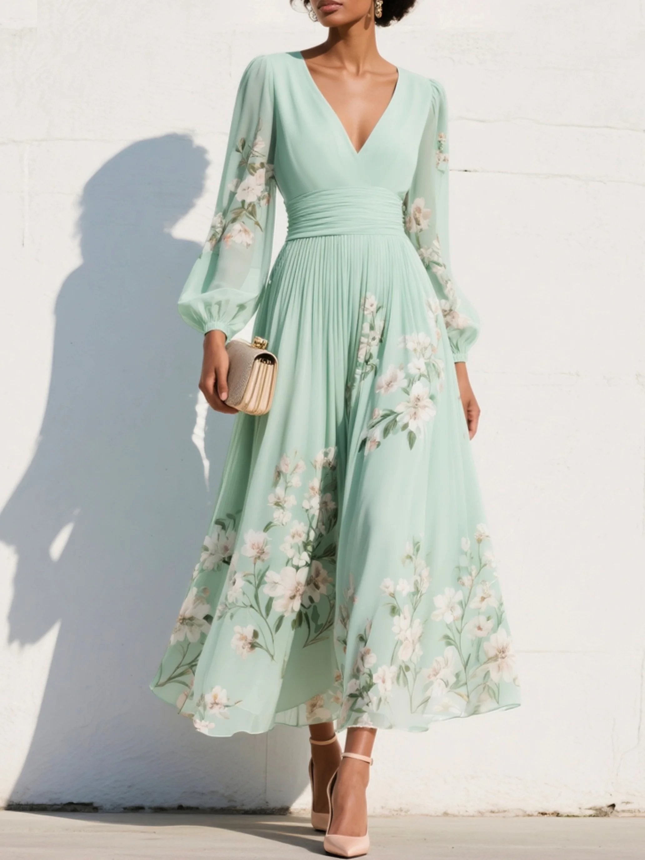 Women’s Floral Midi Dress Elegant V-Neck with Balloon Sleeves 0