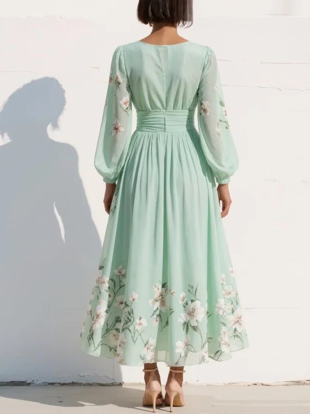 Women’s Floral Midi Dress Elegant V-Neck with Balloon Sleeves 1