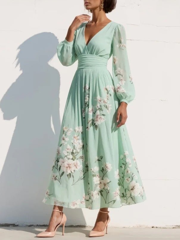 Women’s Floral Midi Dress Elegant V-Neck with Balloon Sleeves 2