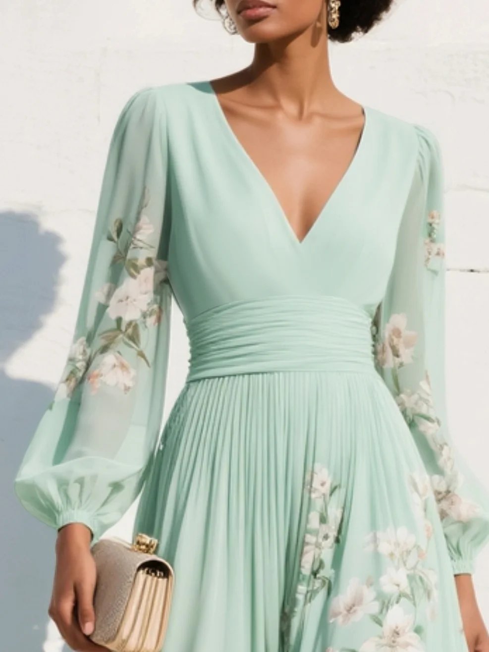 Women’s Floral Midi Dress Elegant V-Neck with Balloon Sleeves 3
